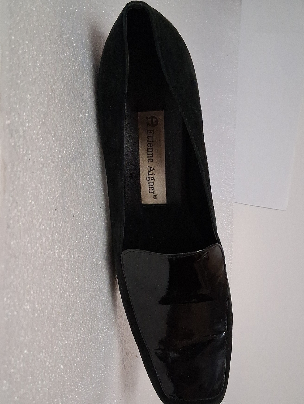 Etienne Aigner Black Suede Loafer with Patent Toe